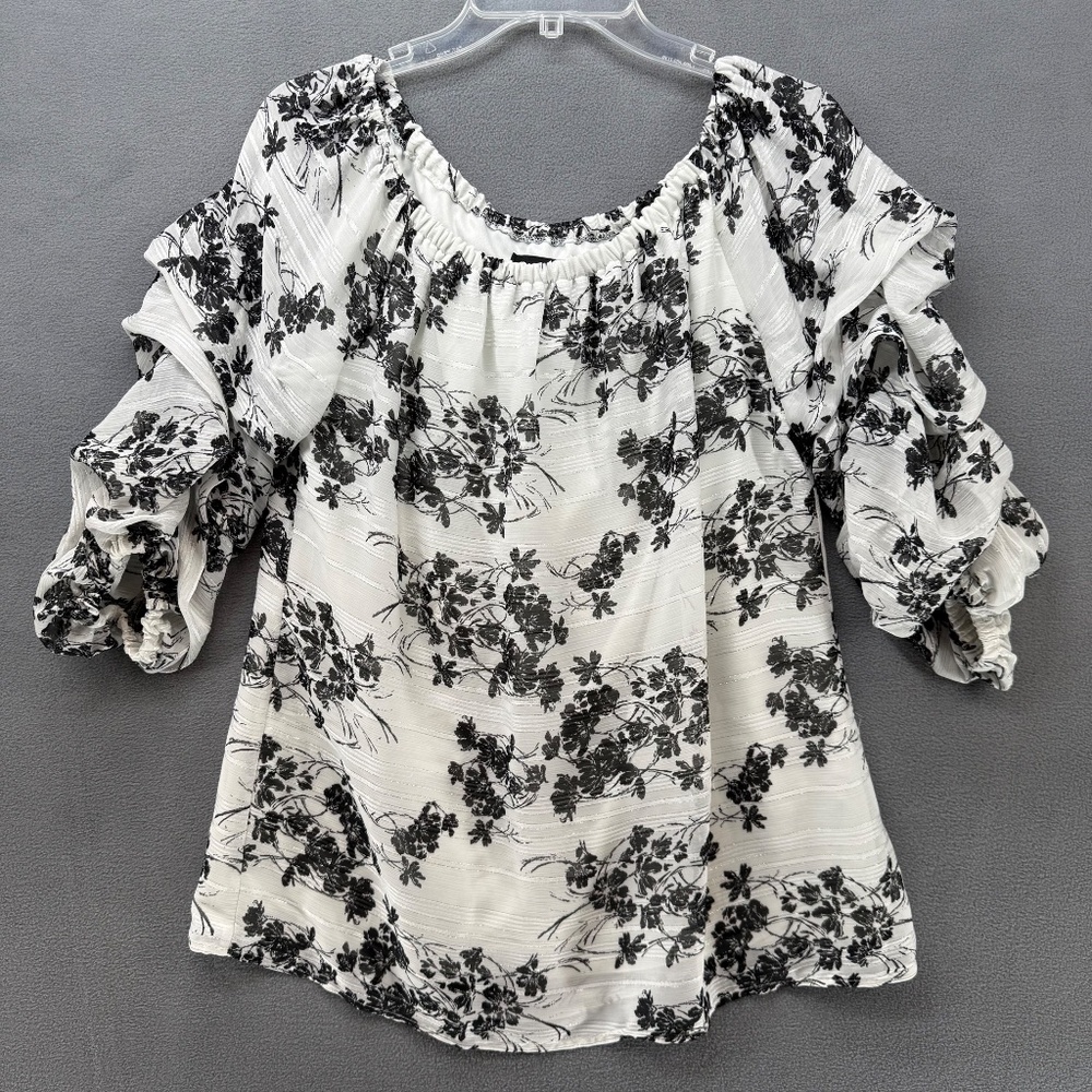 MSK Blouse Women's Medium Black White Bohemian‎ Sheer Top Lining Off Shoulder